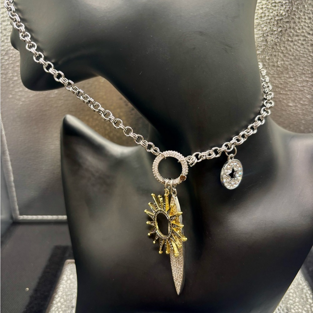 Silver and Gold Sunburst Pendant Necklace One Of A Kind